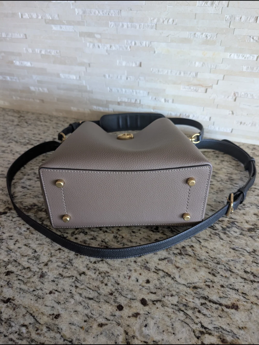 Coach Pebbled Leather Willow Bucket Bag in Dark Stone (Taupe) with Black Straps